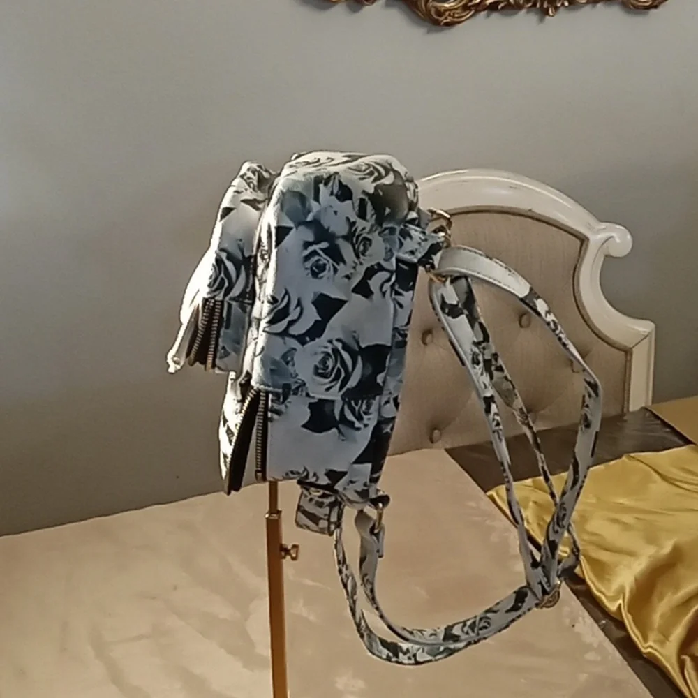 Betsey Johnson Floral Black and White Puppy Shaped Backpack EUC